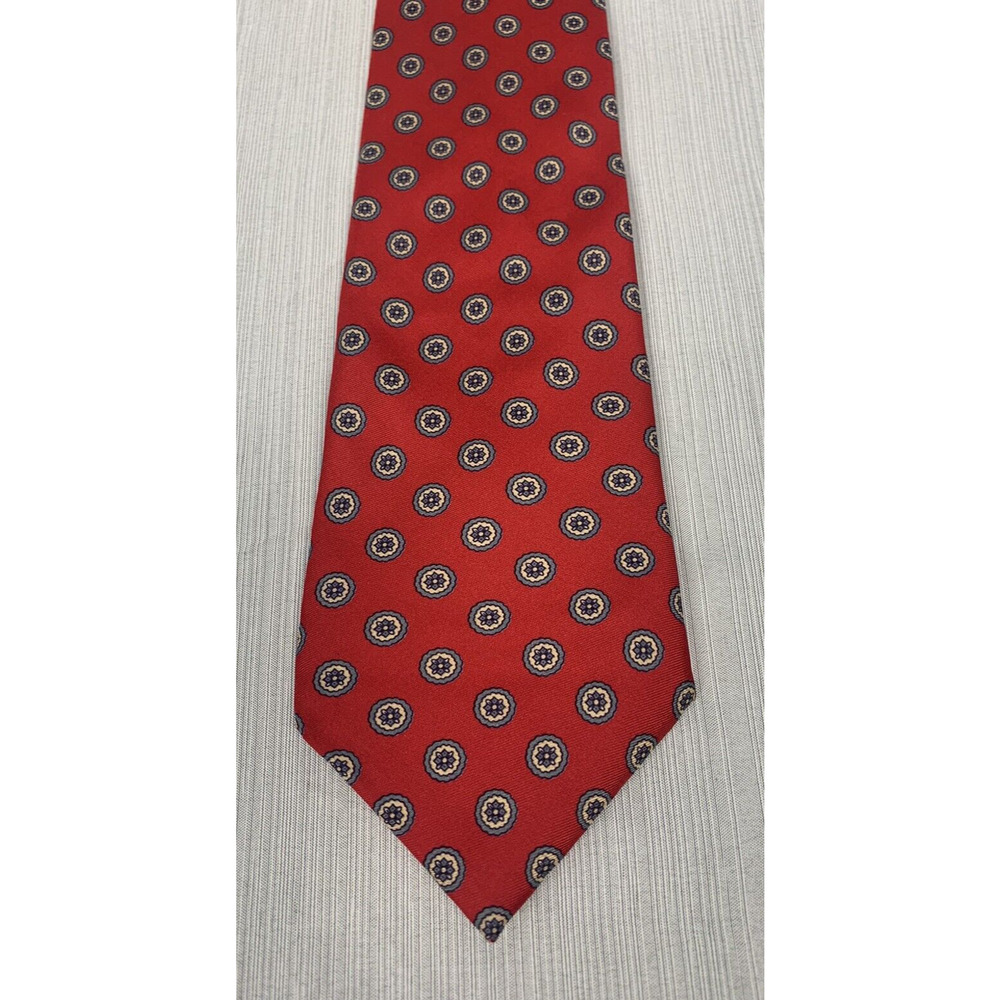 LDM 100%‎ Silk Tie Made in Italy, Geometric, Red, Blue, Tan 60"
